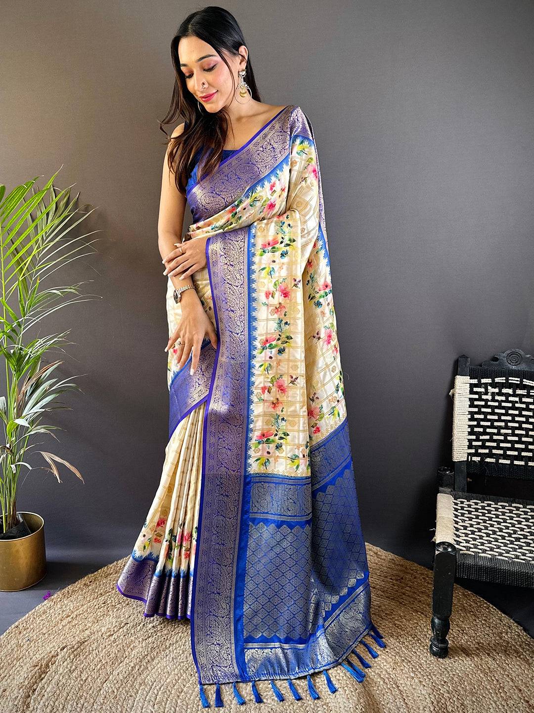 Blue Kovai Rettapet Border Digital Print Saree