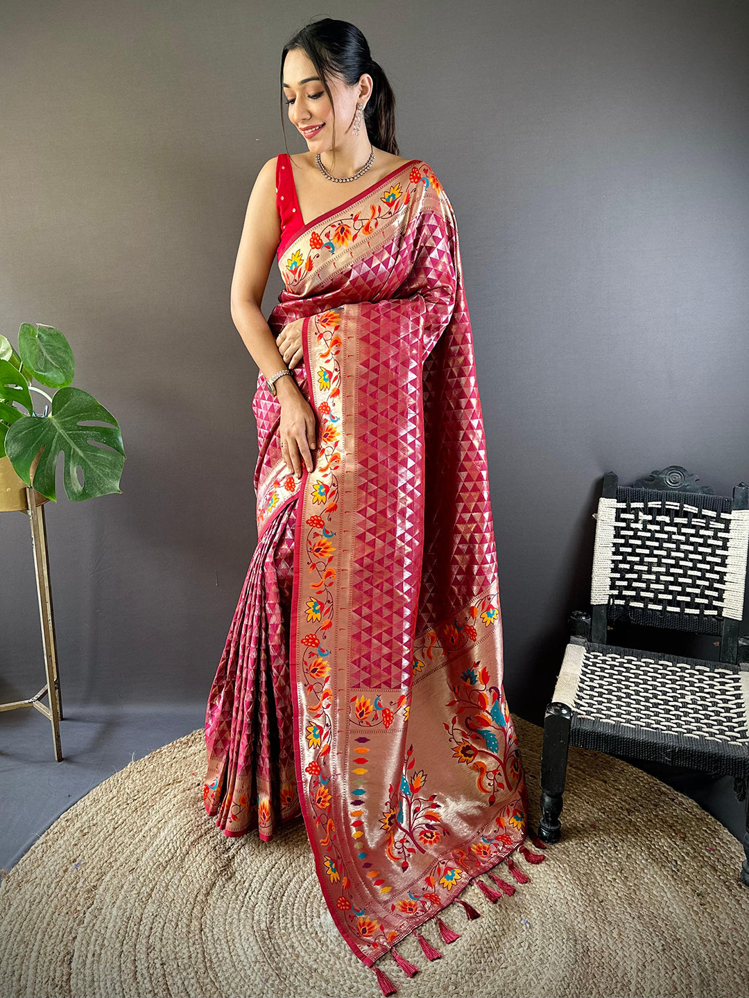 Full-length Maroon Silk Blend Paithani Saree with Zari Work