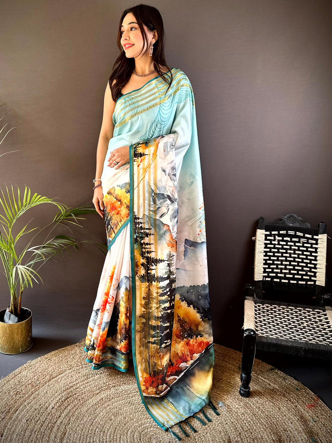 Turquiose Japanese Freehand Digital Print Saree