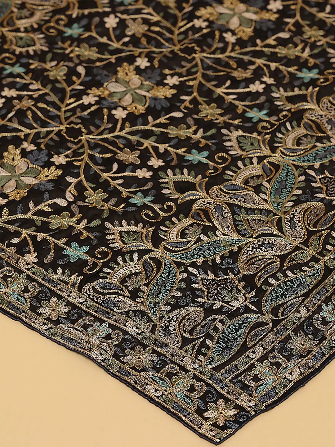 Close-up of black dupatta highlighting intricate embroidery