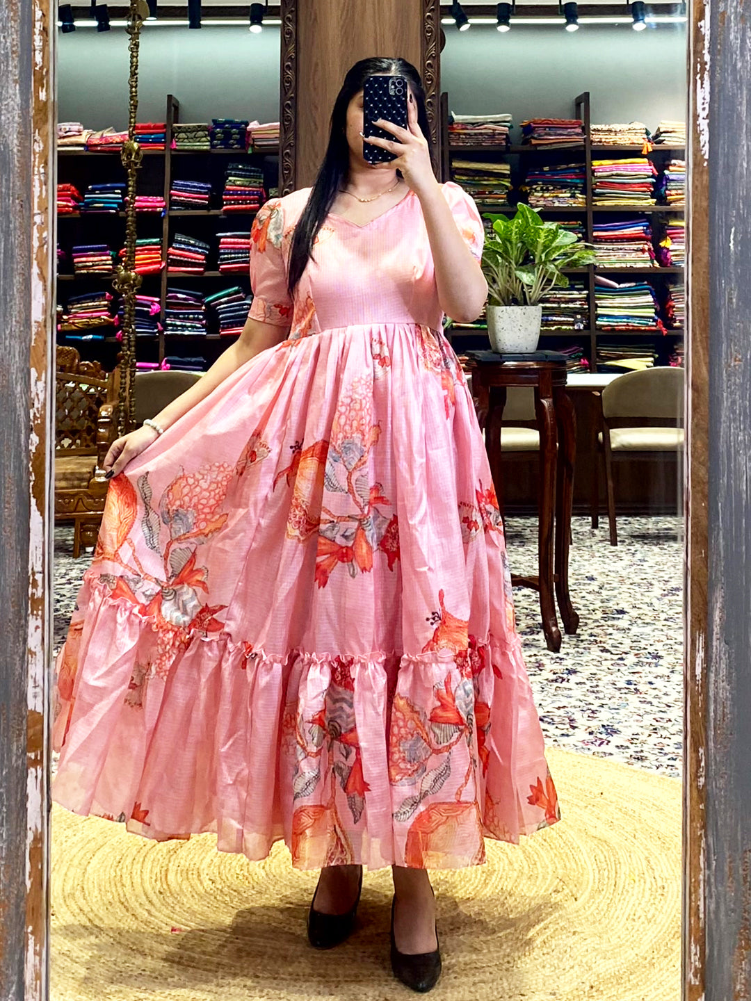 Salmon Pink Floral Print Midi Dress