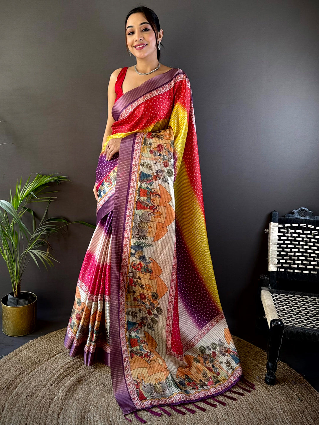 Shop Artful Silk Blend Bandhani Print Saree online, a stunning silk saree with rich colors and traditional motifs, ideal for parties and celebrations.