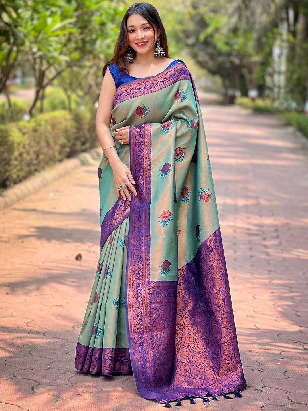 Pista Kanjivaram Tissue Saree With Gold Zari Weaving