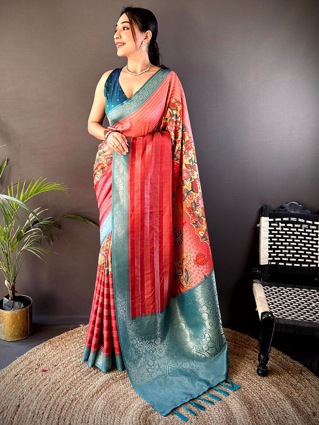 Coral Soft Crep Silk Ombre Print Saree