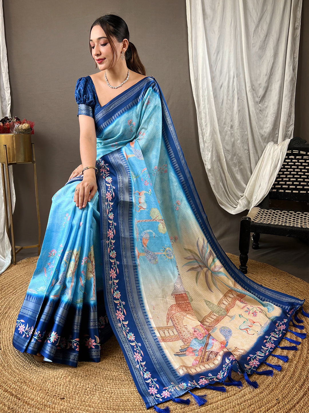 Powder Blue Kota Satin Border Saree