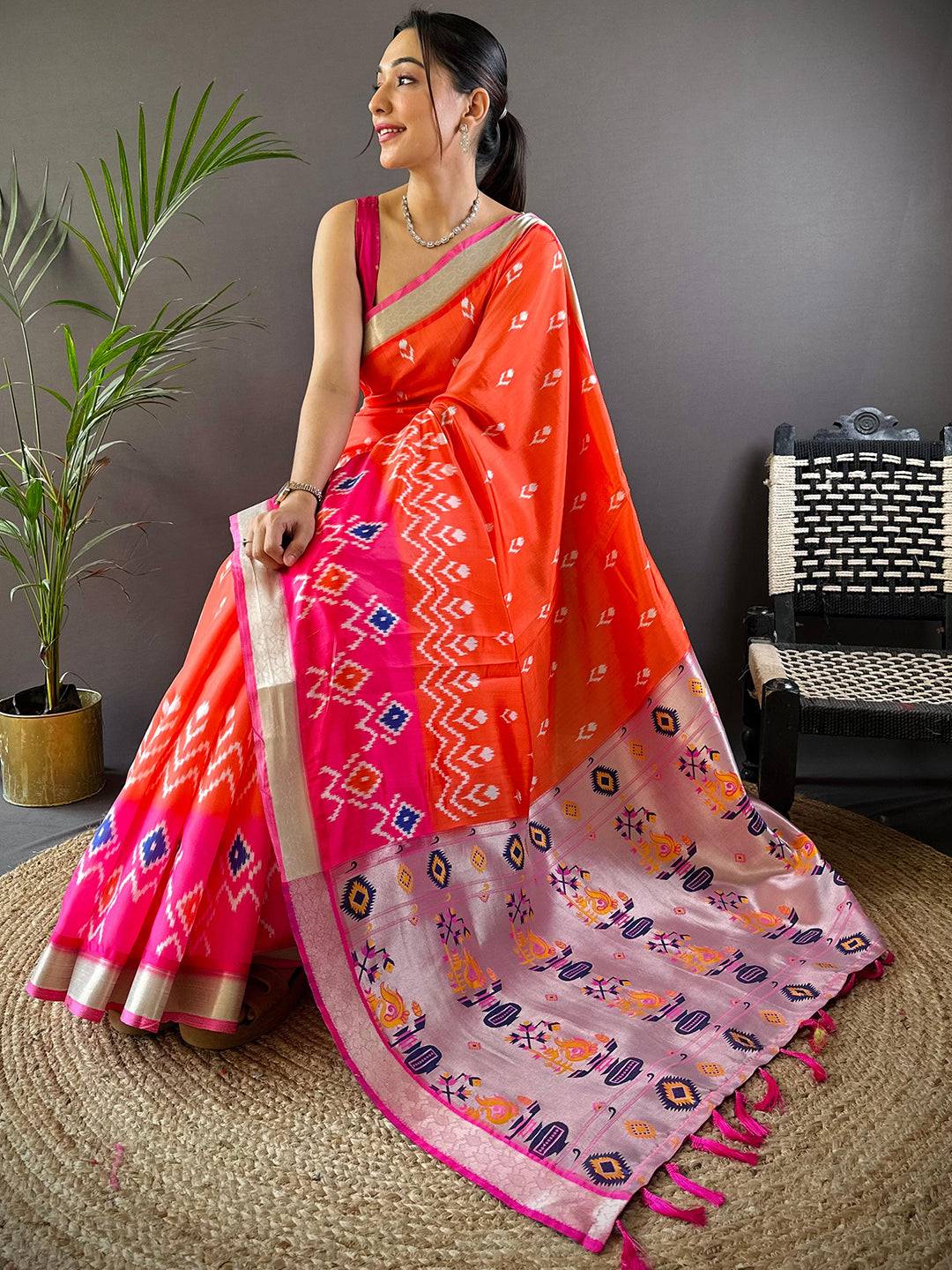 Orange Ikkat Paithani Soft Silk Saree