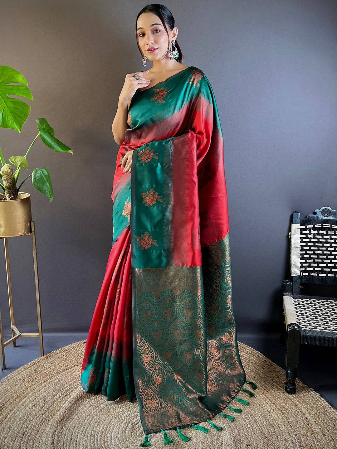 Elegant Cherry Red Sami Banarasi Tussar Silk Saree draped beautifully