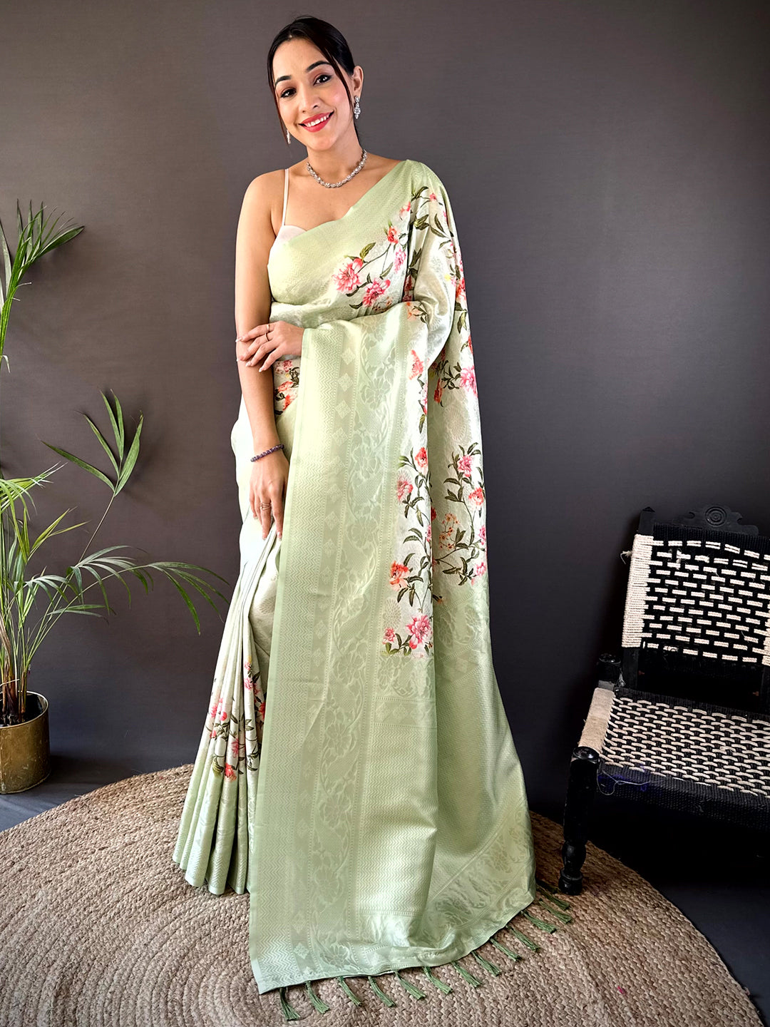 Pastel Green Kanjivaram Digital Silk Saree