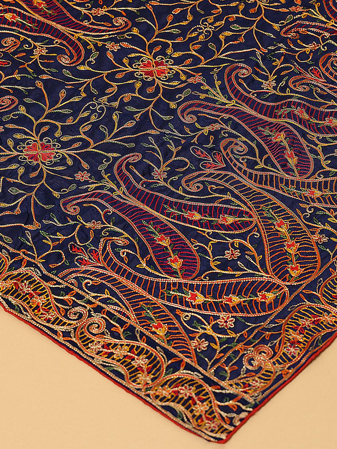 Close-up of navy poly chiffon dupatta with intricate threadwork