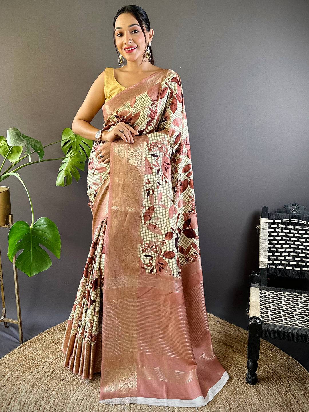 Leaf And Check Dusty Pink Viscose Saree