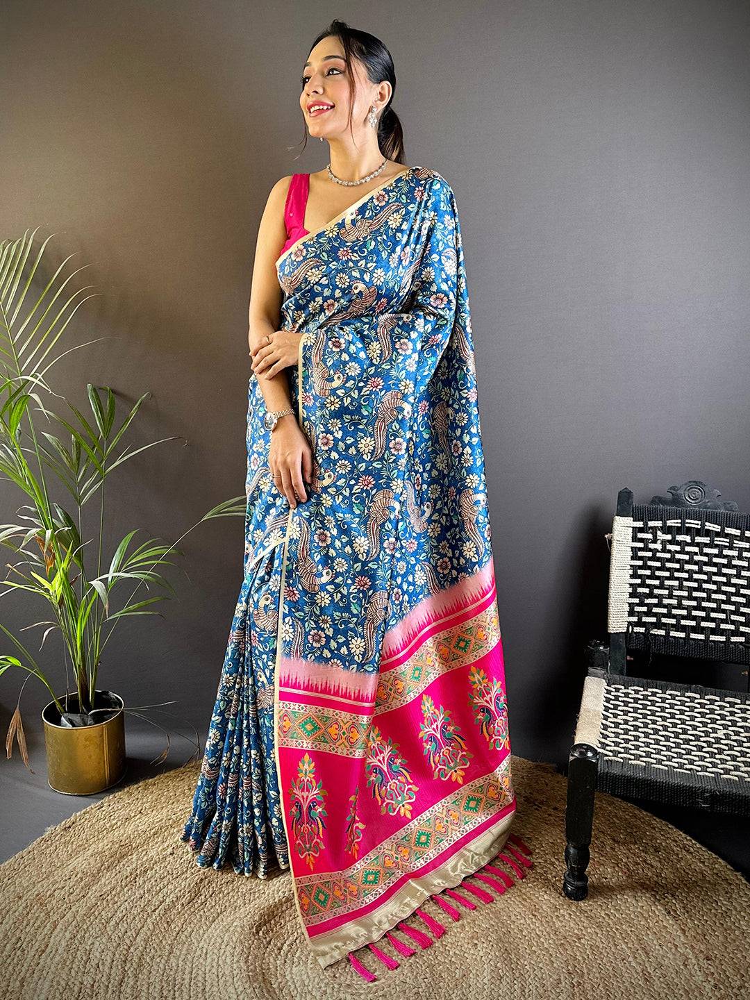 Steel Blue Kalamkari Floral Print Gamthi Saree