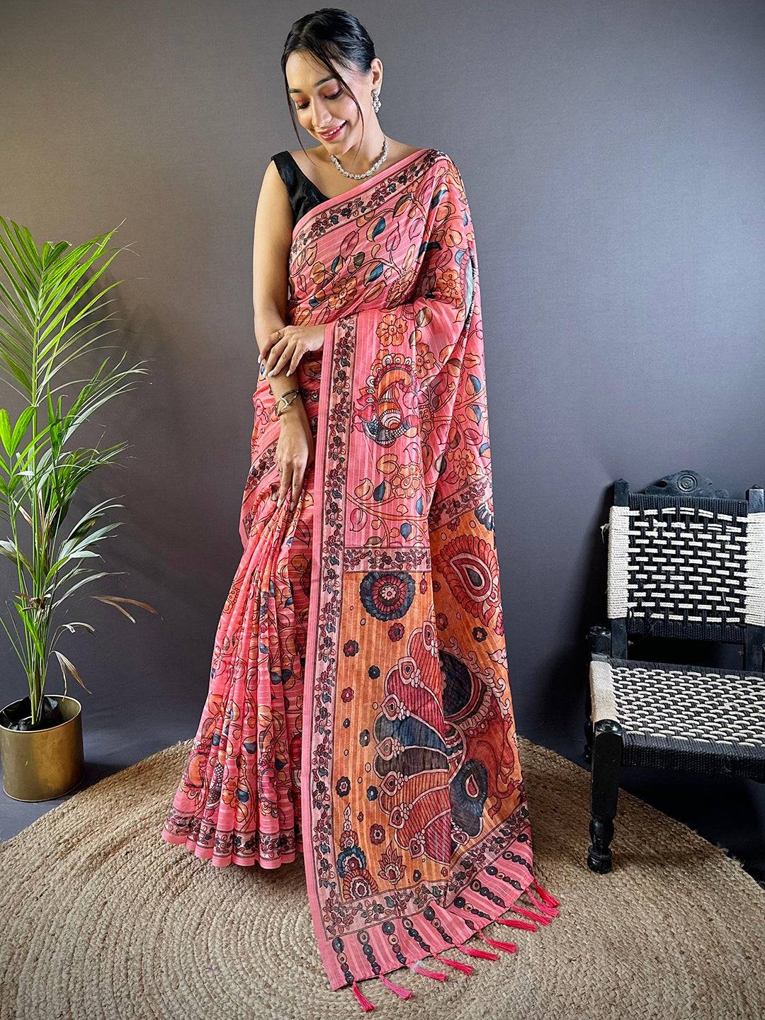 Coral Rose Kalamkari Saree