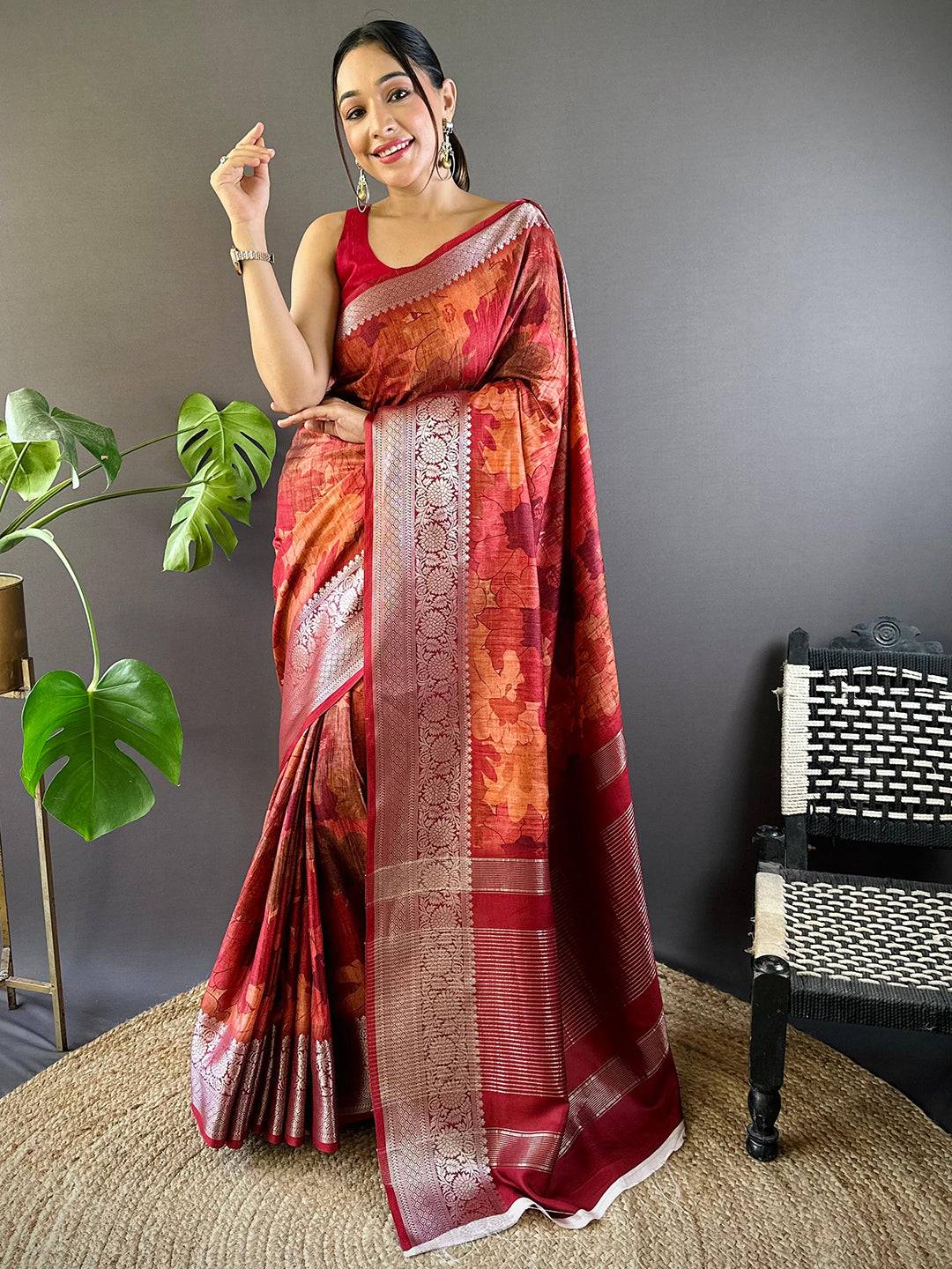 Red Zari Woven Floral Dola Silk Saree