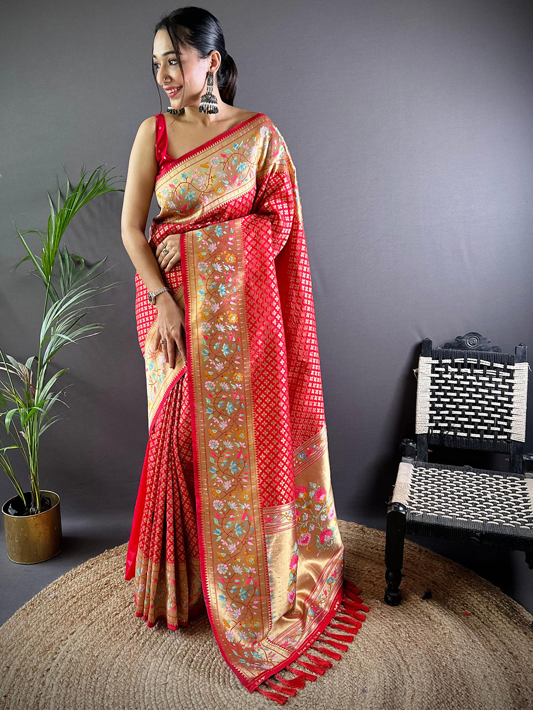 Red Banarasi Mina Kari Katan Silk Saree