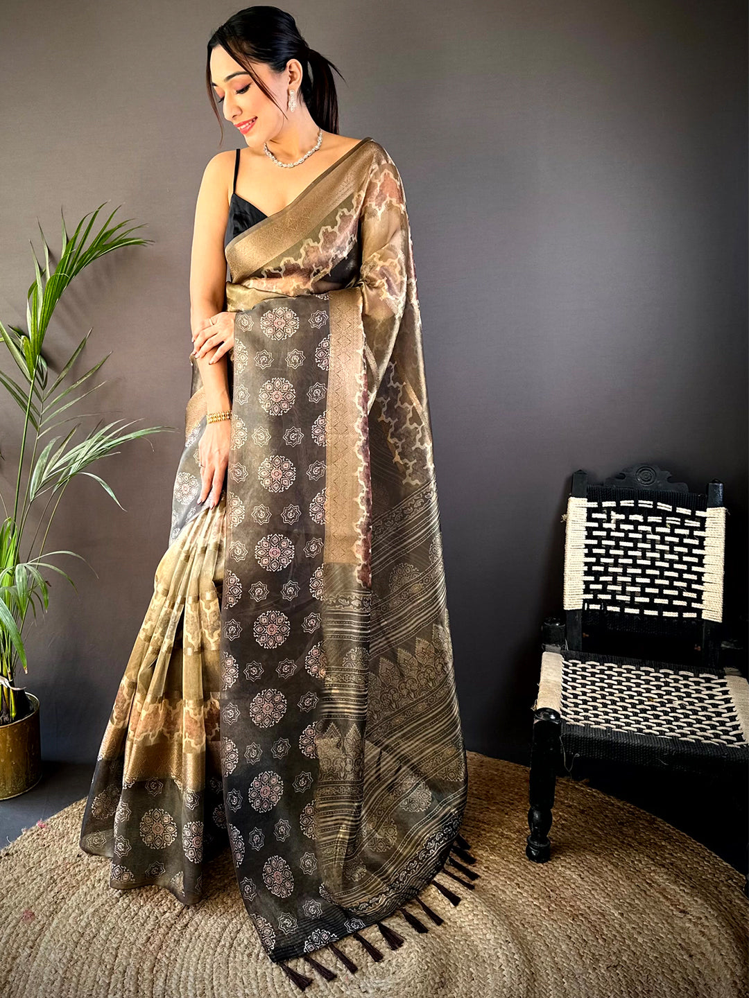 Light Chikku Tissue Striped Digital Printed Saree