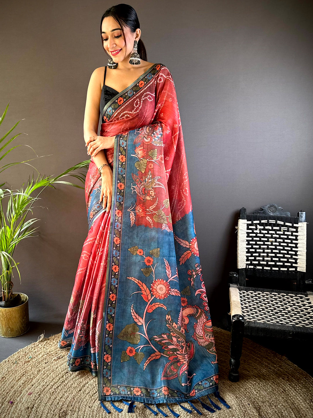 Red Tissue Bandhej Kalamkari Saree