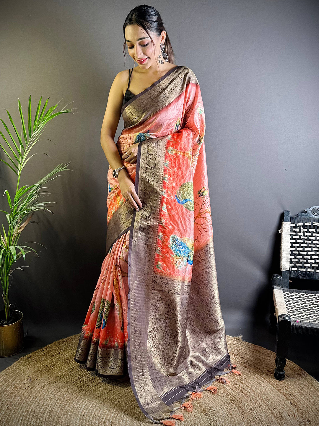 Peach Chex Radiance Banarasi Silk Saree