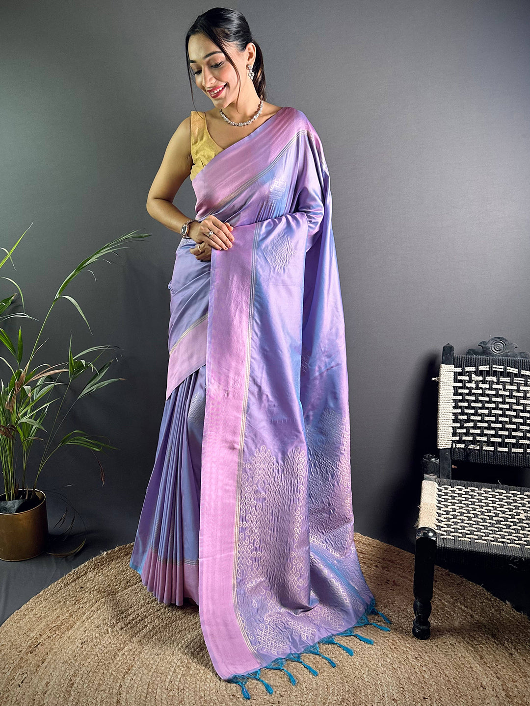 Lavender Blue Kolam Silk Heritage Saree