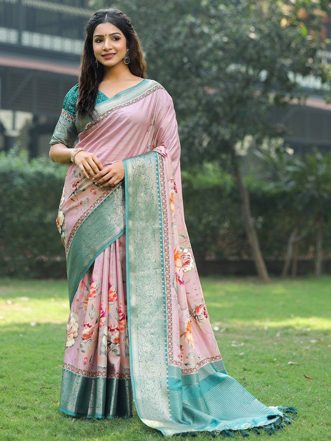 Light Pink Colour Phulkari Design Zari Weaving Pallu Saree