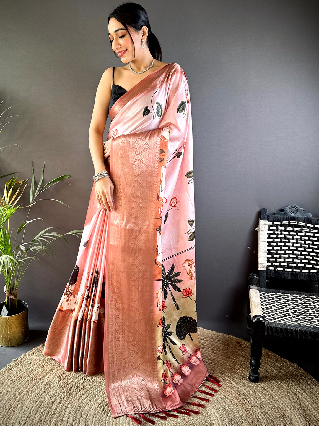 Blush Pink Pichwai Print Soft Silk Saree