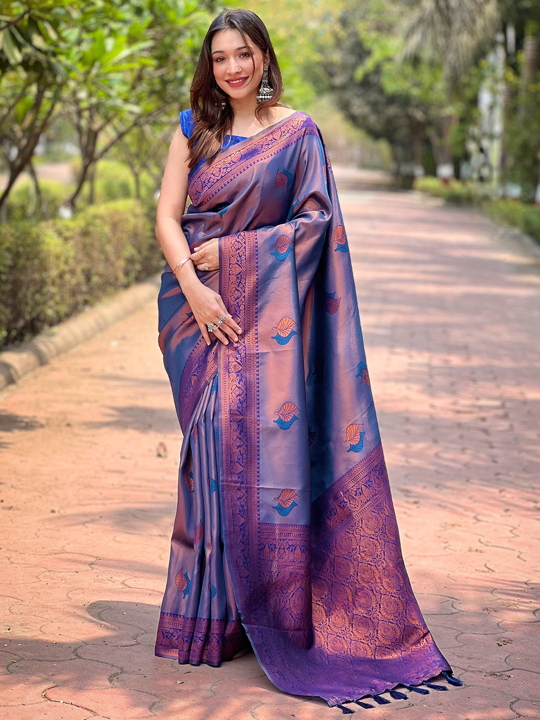 Navy Kanjivaram Tissue Saree With Gold Zari Weaving