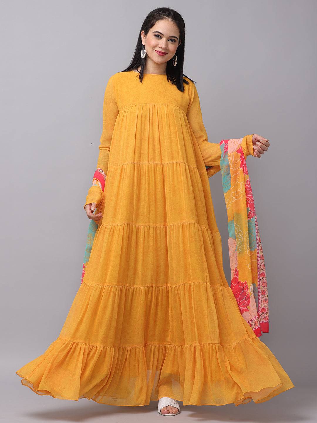 Sunlit Mustard Flared Long Dress