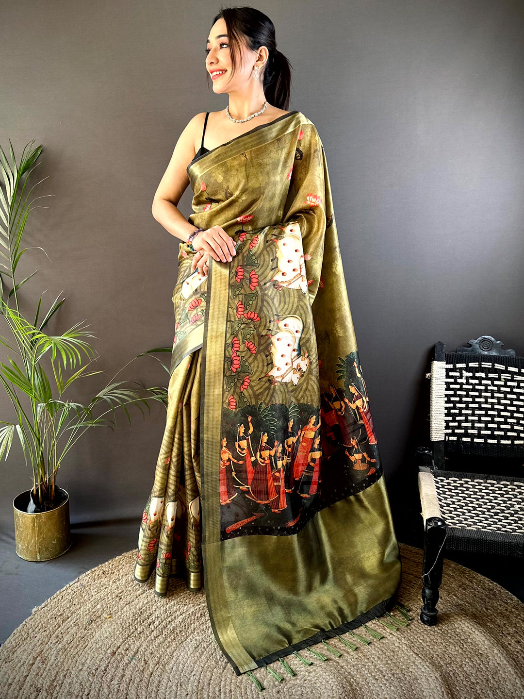 Olive Soft Silk Tissue Pichwai Print Saree