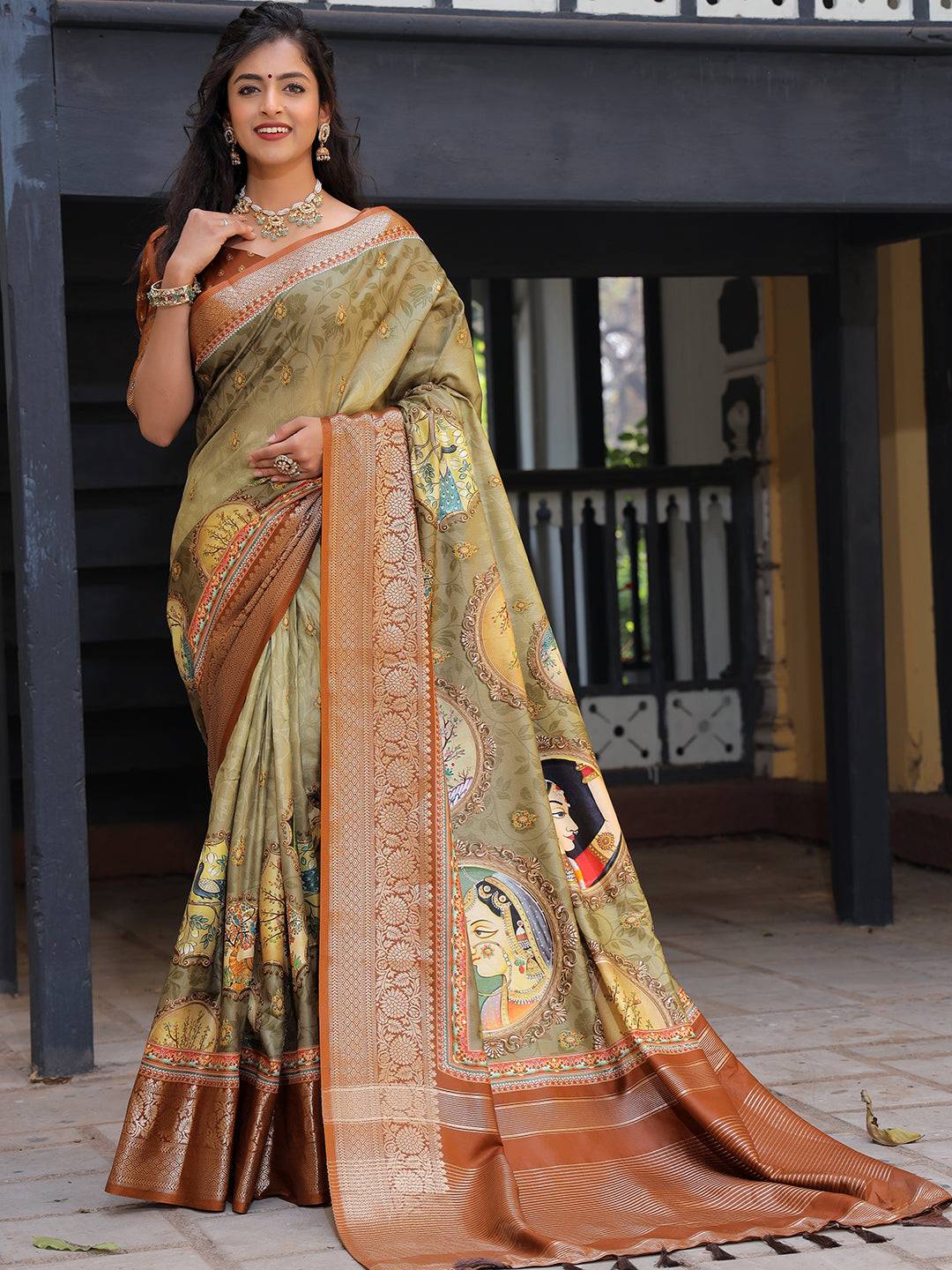  Olive Viscose Dola Silk Saree With Zari Weaving Pallu