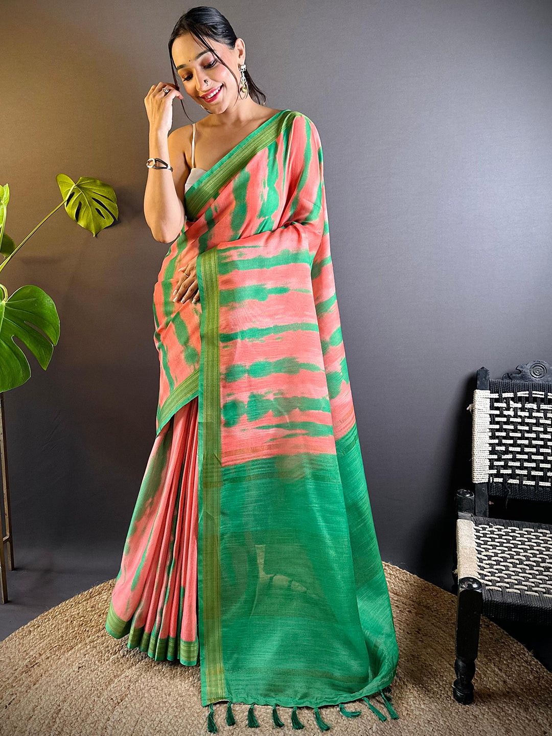 Coral Shibori Print Linen Saree