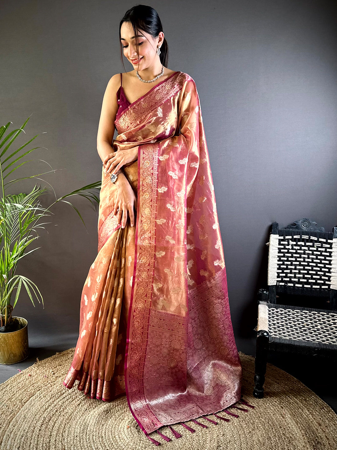 Regal Wine Kora Tissue Saree