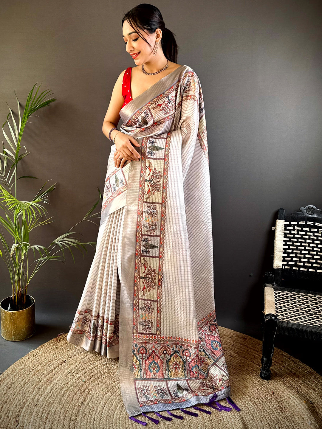 Graceful Off White Soft Silk Chex Saree