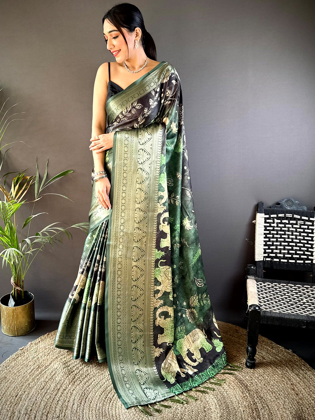 Green Soft Silk Animal Bandhej Saree