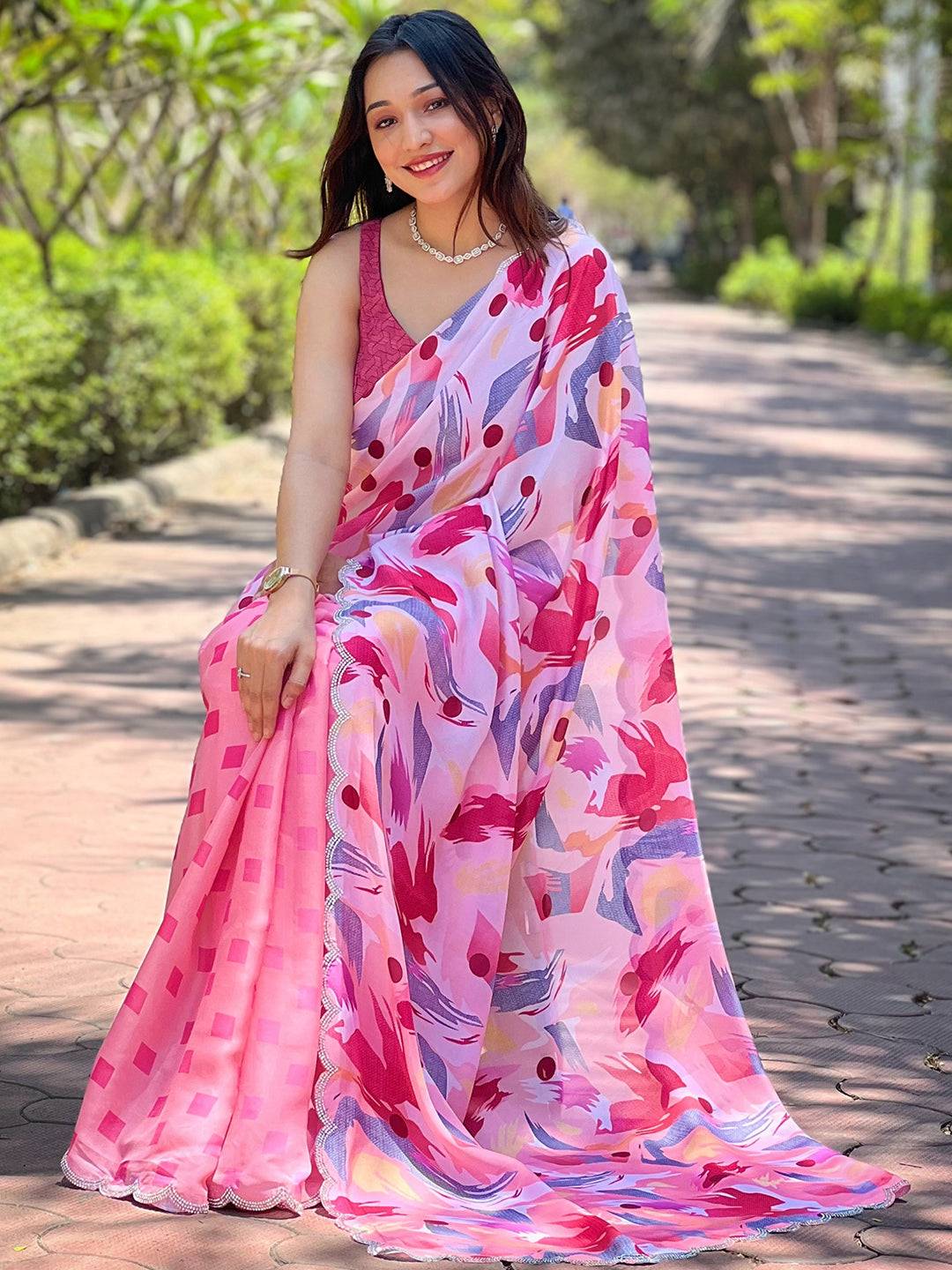 Pink Batik And Polka Dots Print Saree