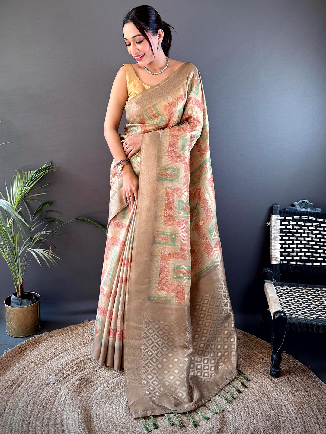 Shop Beige Banarasi Silk Katan Geometric Saree online, featuring exquisite craftsmanship and a luxurious silk weave for a timeless ethnic look.