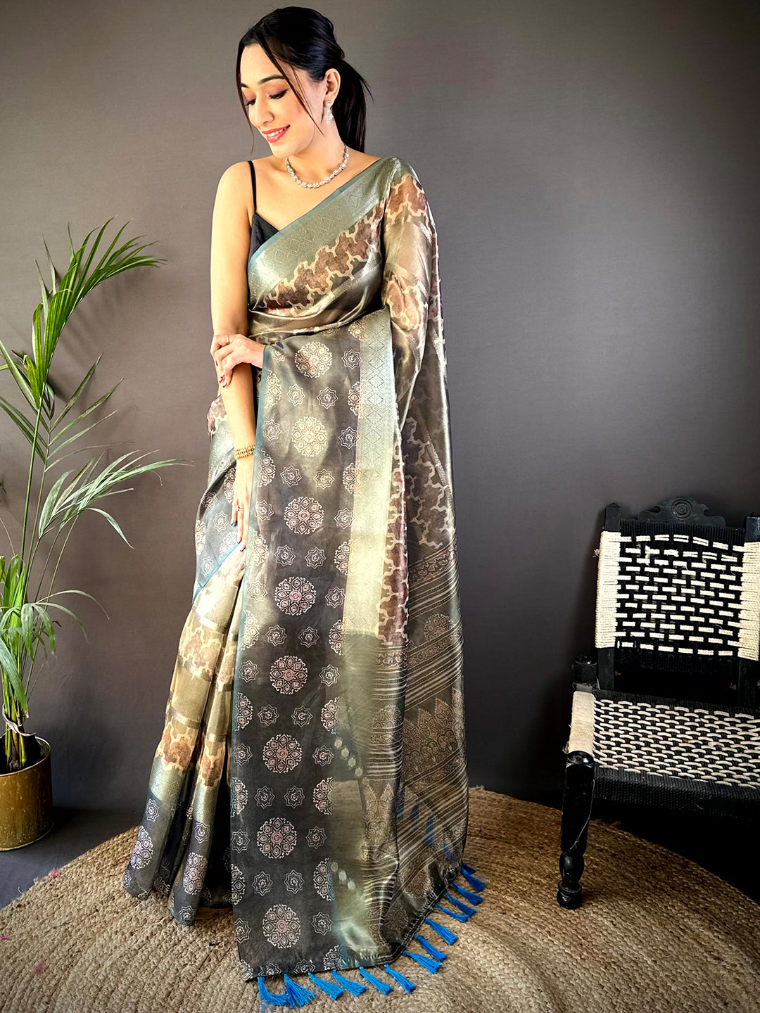 Light Green Tissue Striped Digital Printed Saree