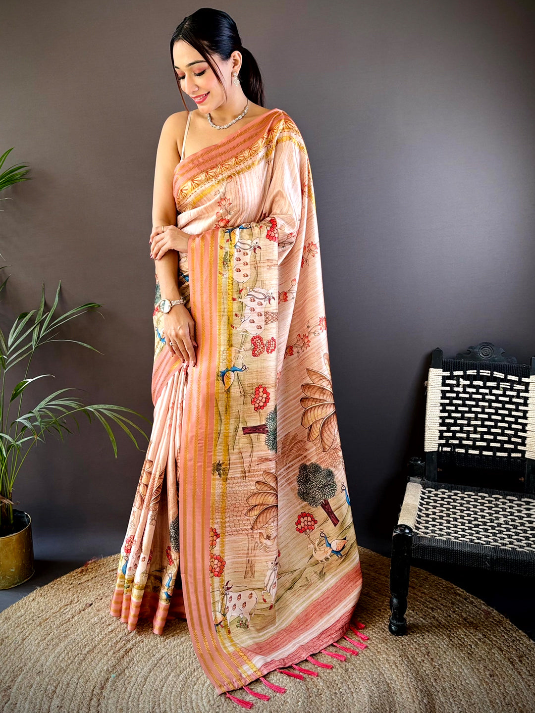 Elegant Soft Silk Rust Pichwai Prints Saree