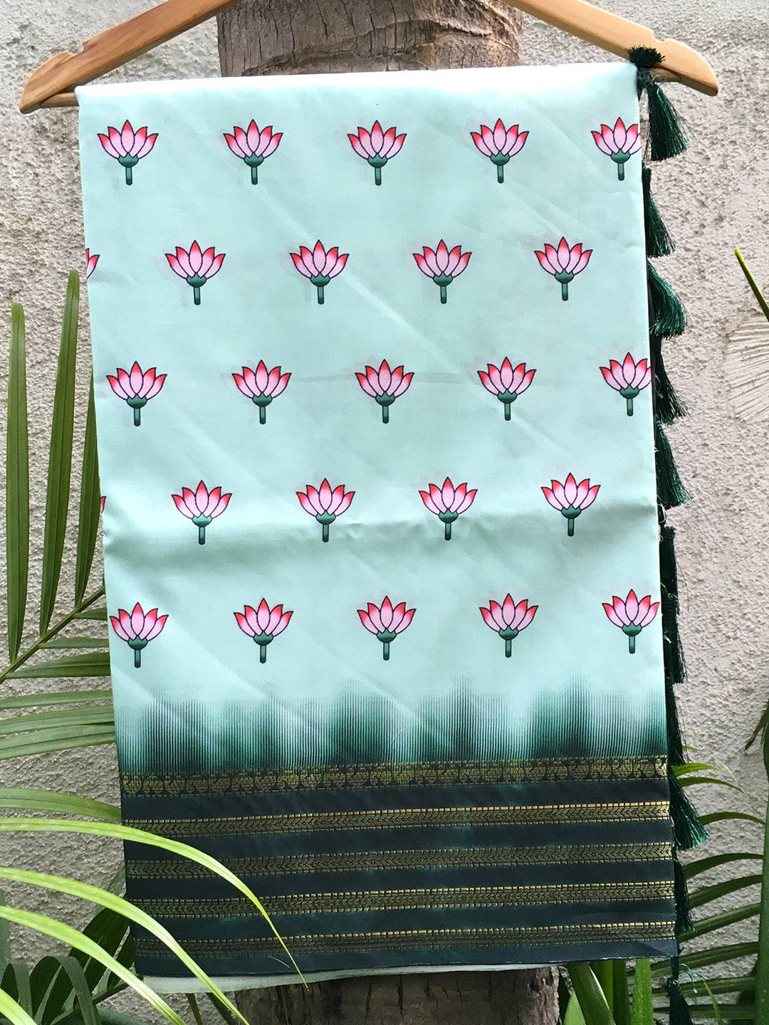 Green 2 Ton Lotus Print Saree