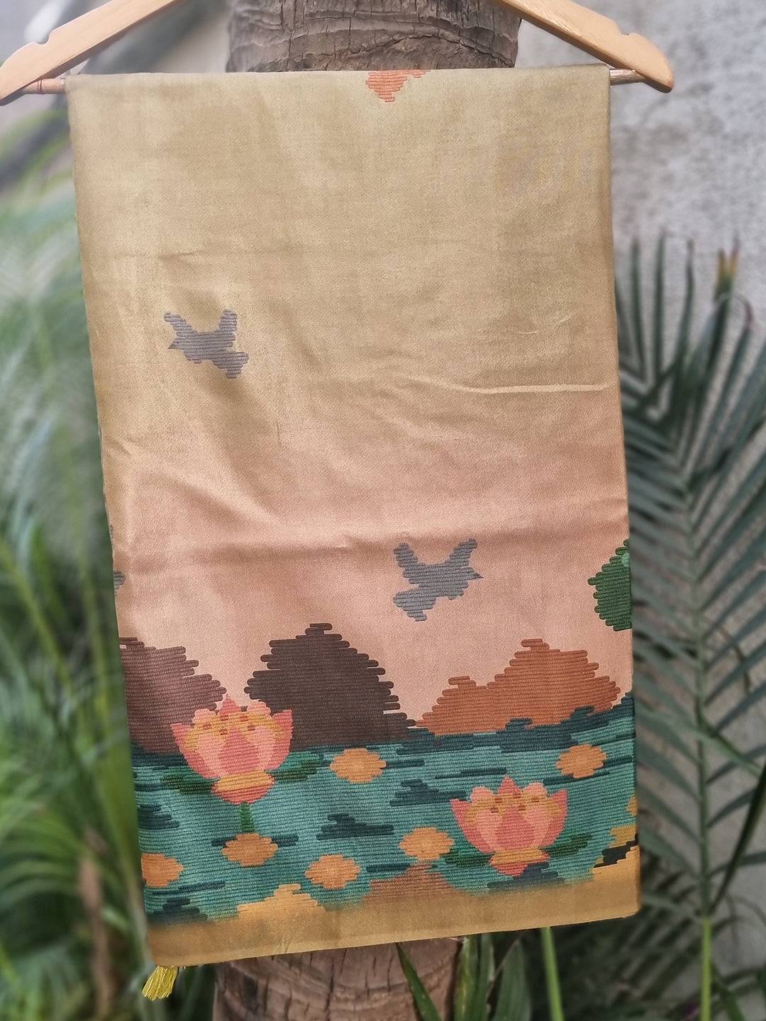 Tussar silk saree with lotus and bird design on hanger