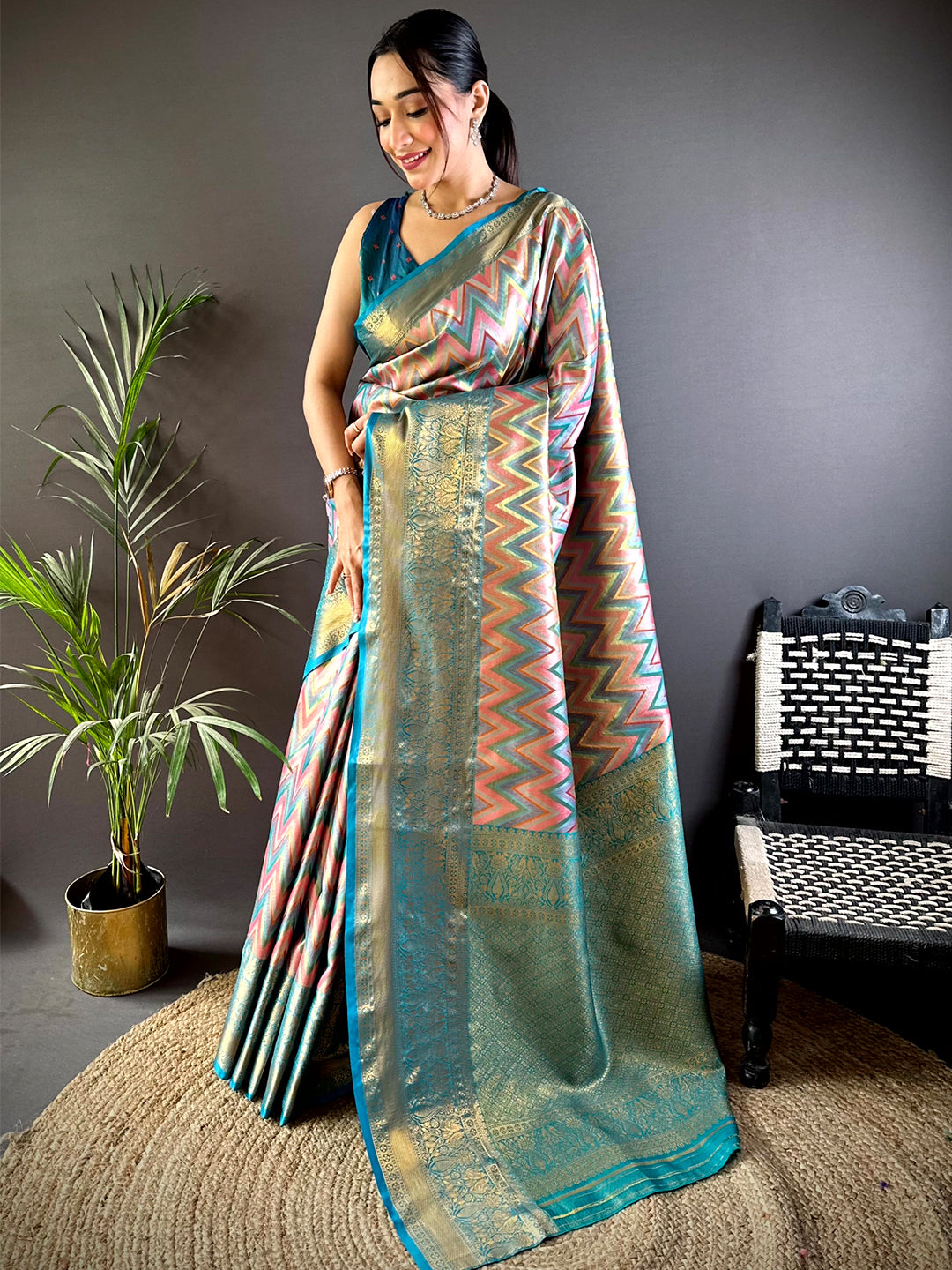 Radiant Rama Zigzag Dharmavaram Silk Saree