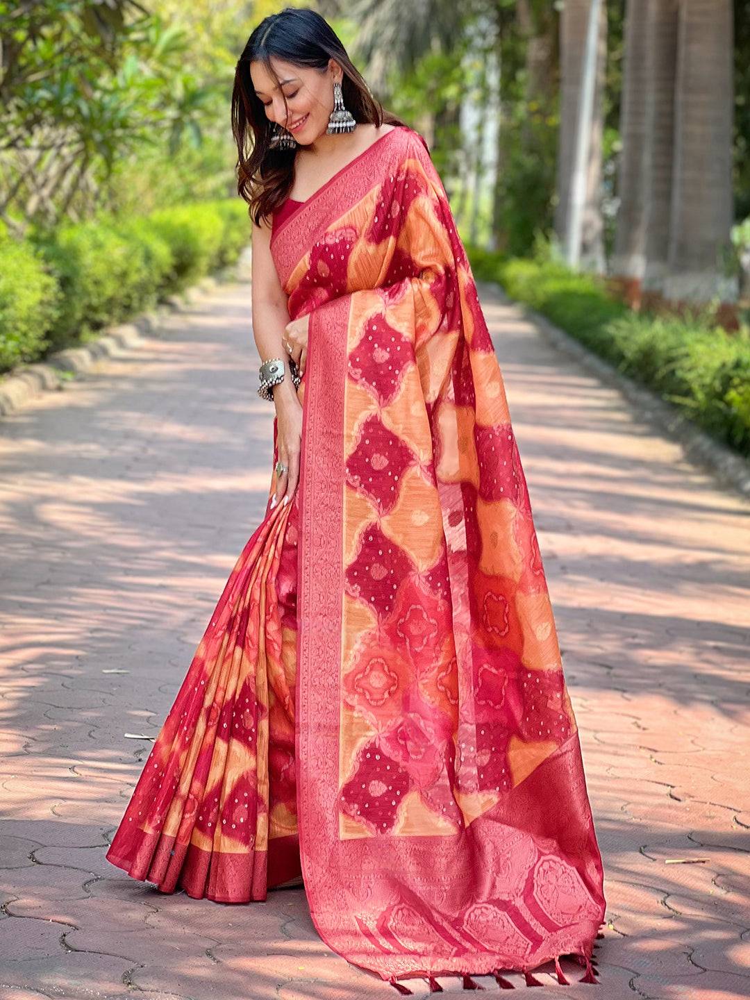 Orange Digital Block Placement Print Saree