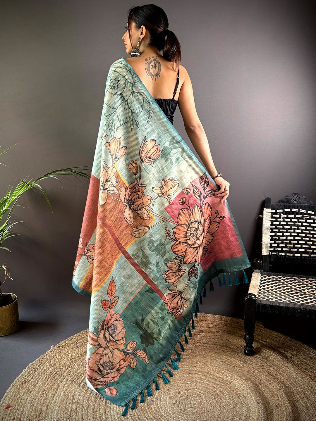 Teal Semi Gold Zari Tussar Saree