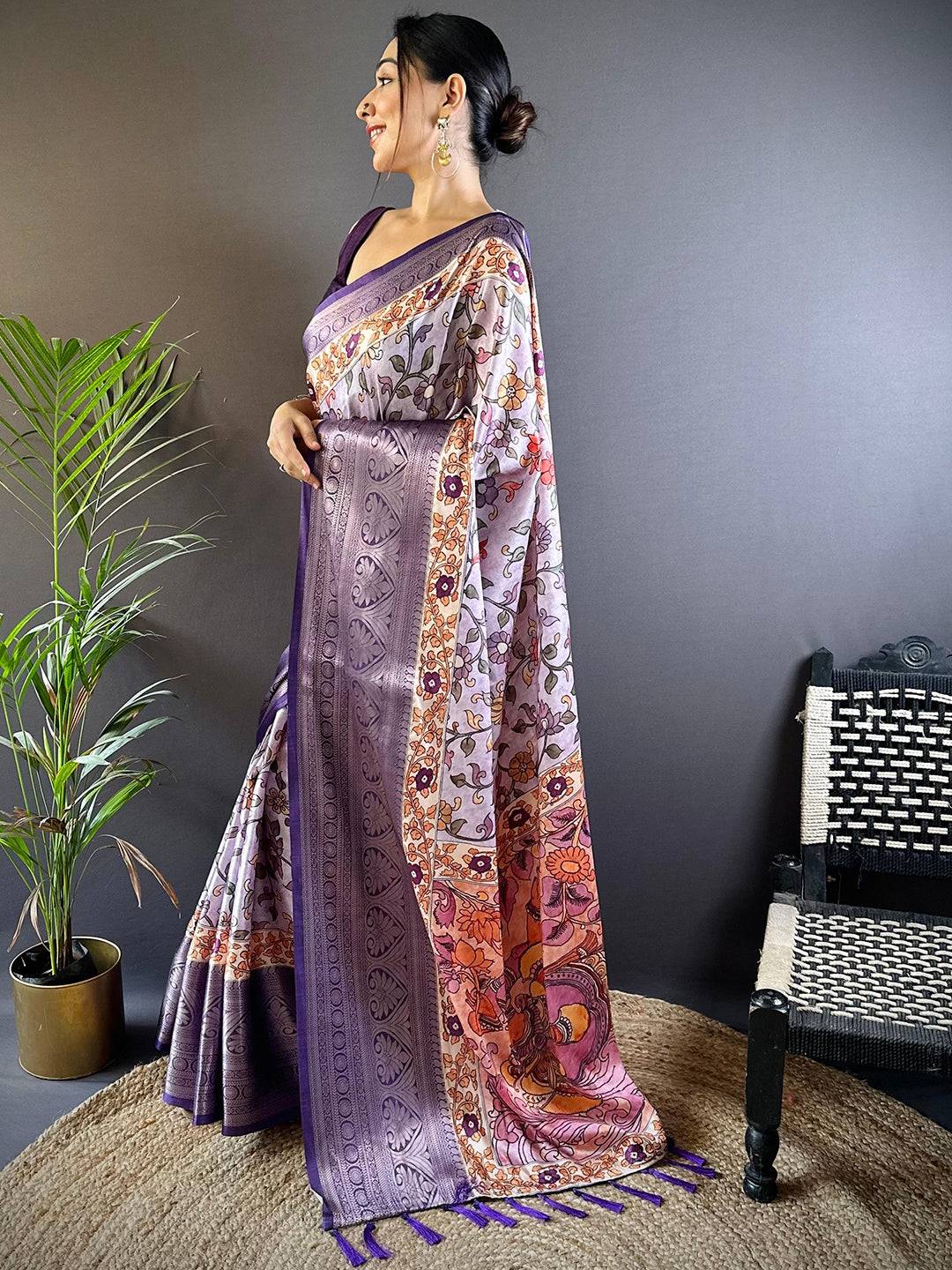 Lilac Floral Kalamkari Print Saree