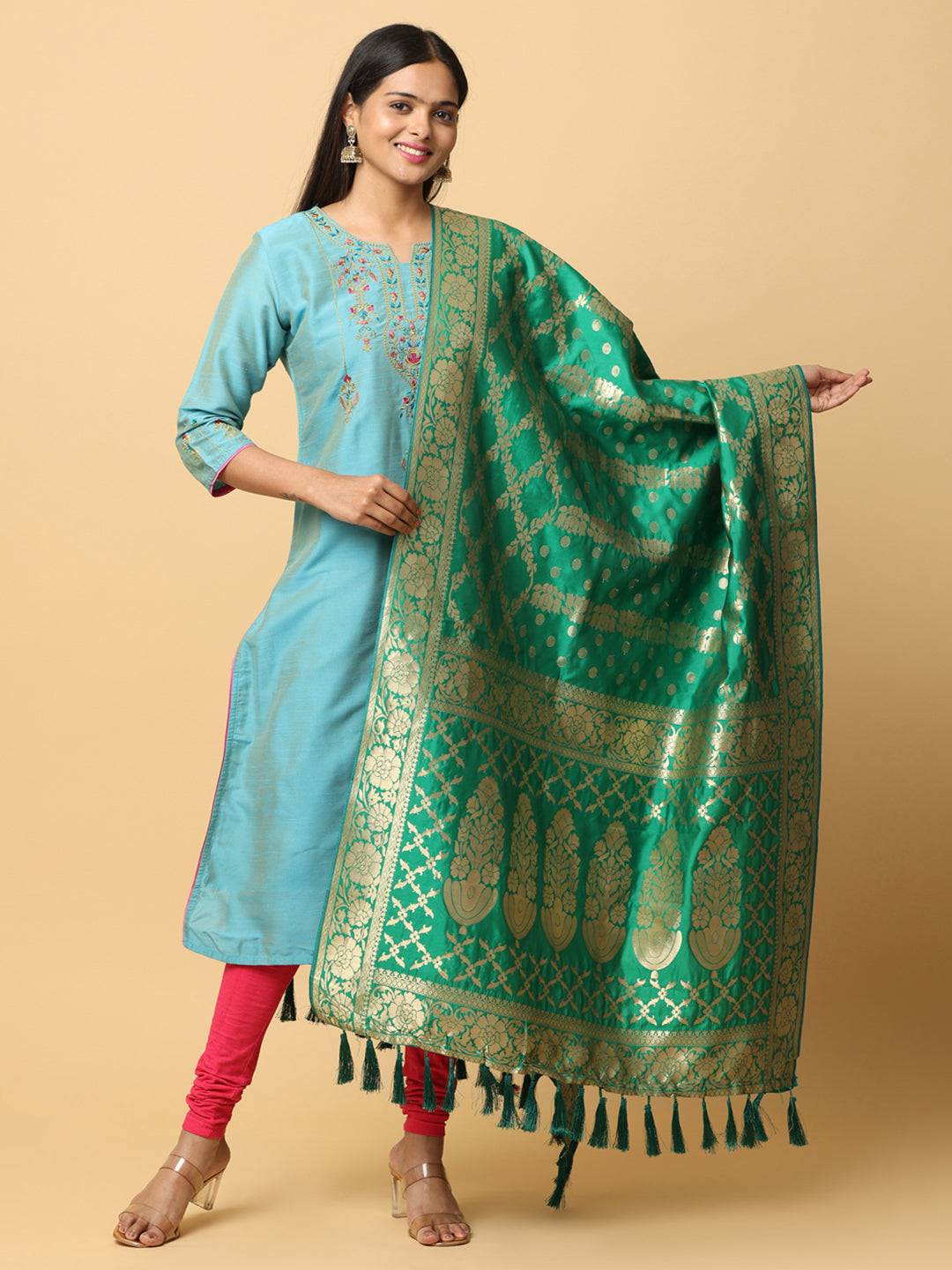 Elegant green silk blend dupatta with woven design and tassels