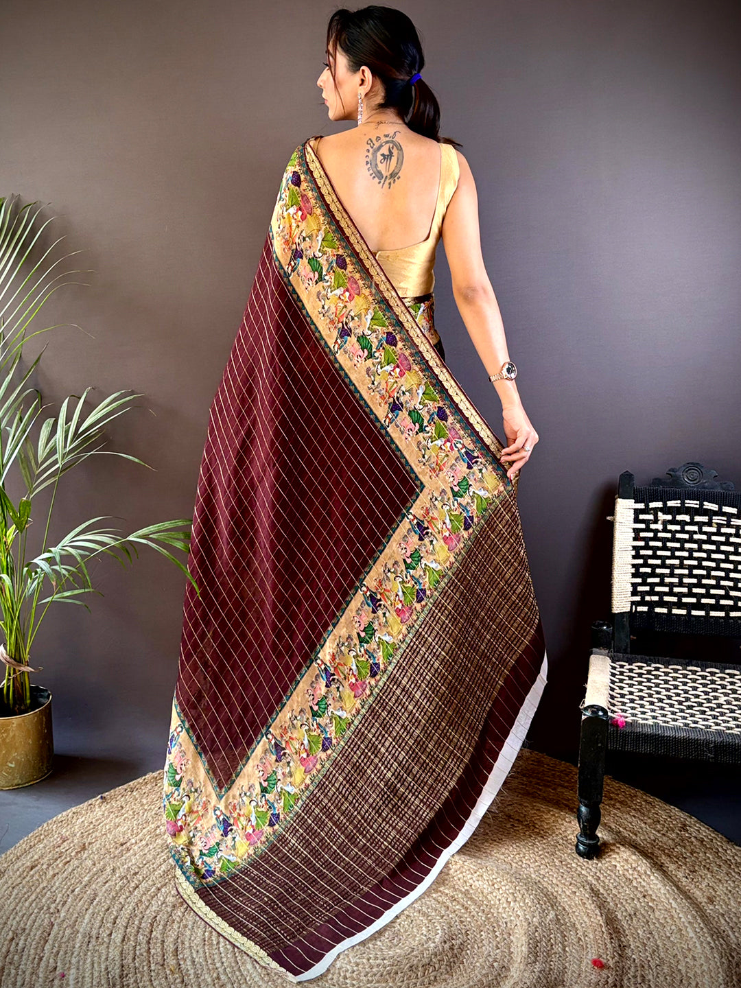 Brown Chinnon Chiffon Kalamkari Saree