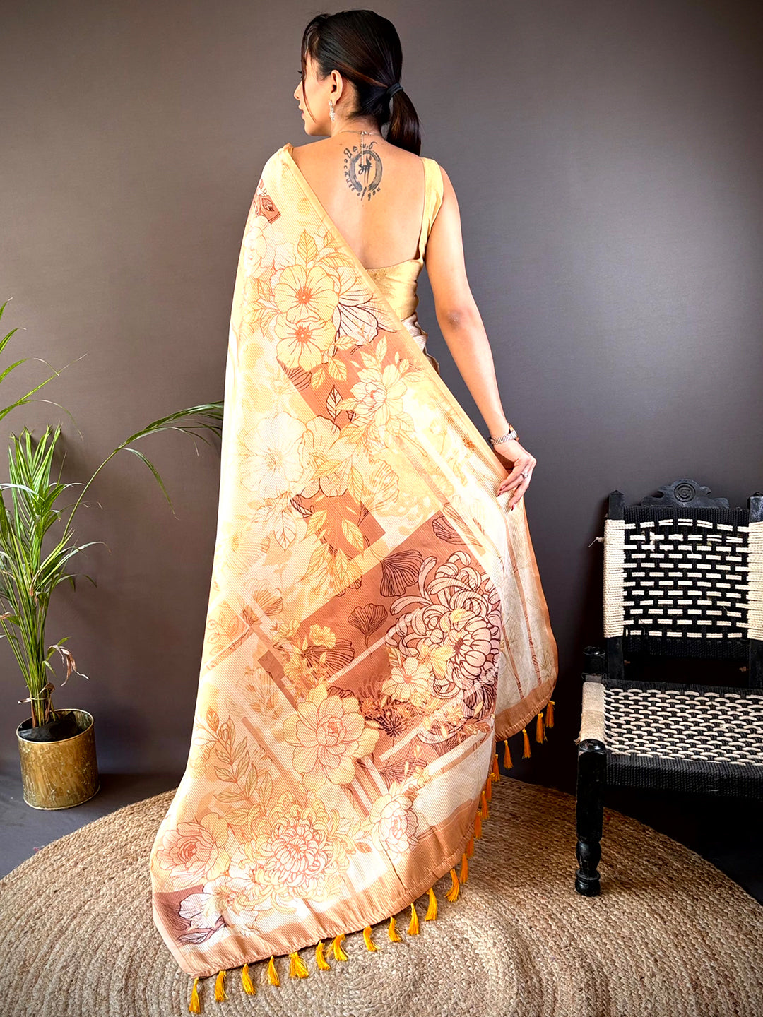 Mustard Tussar Floral Saree