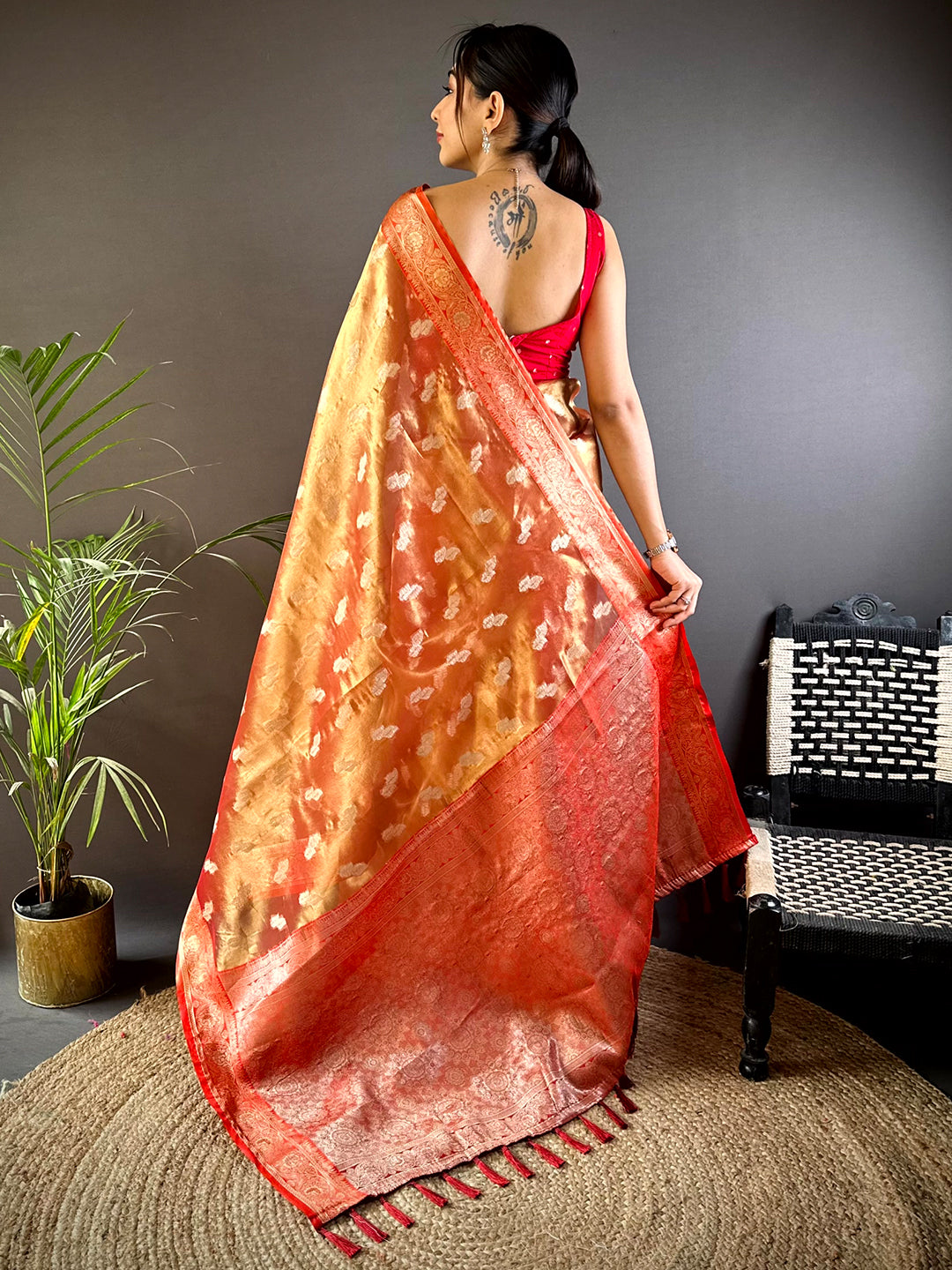 Vibrant Orange Kora Tissue Saree