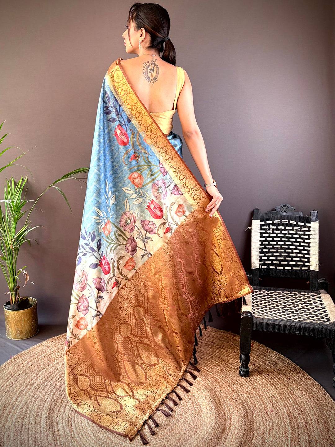 Sky Blue Ombre Floral Digital Print Saree