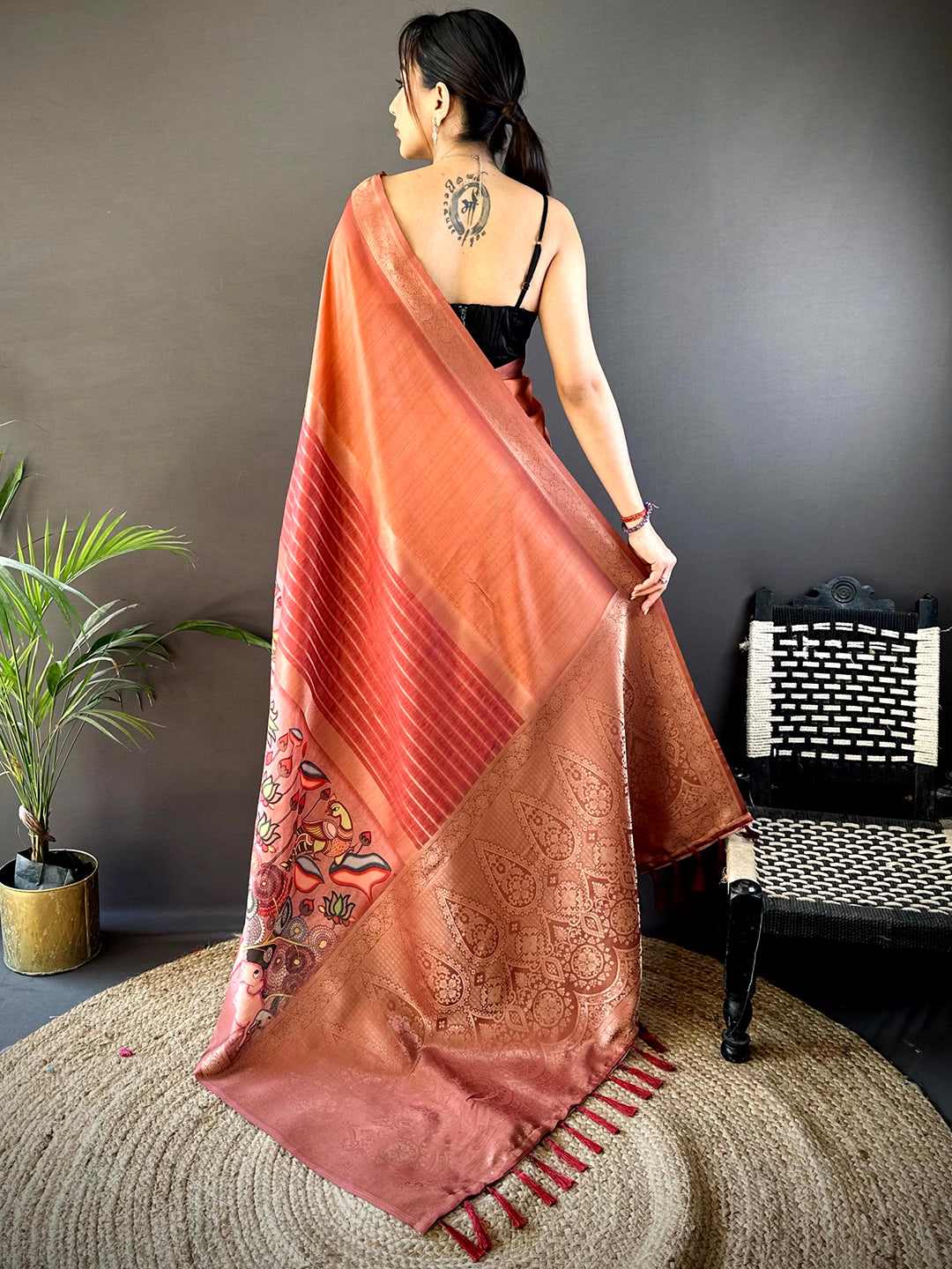 Rust Red Kalamkari Ombre Soft Silk Saree