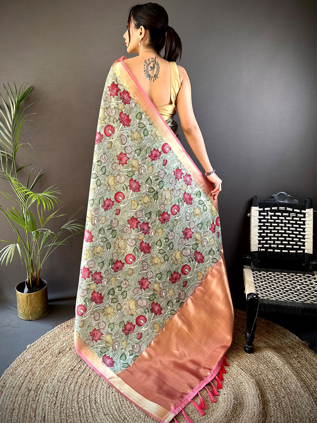 Mint Green Soft Silk Tissue Floral Print Saree