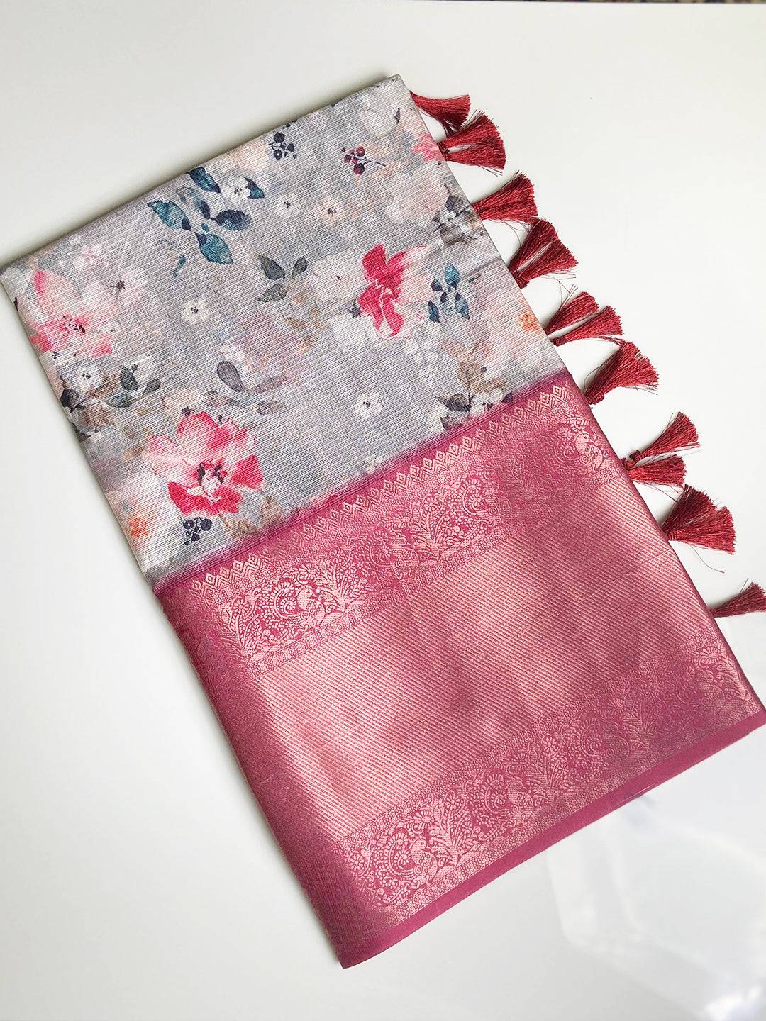 Floral print Grey Kota Doriya saree with pink Kanjivaram border